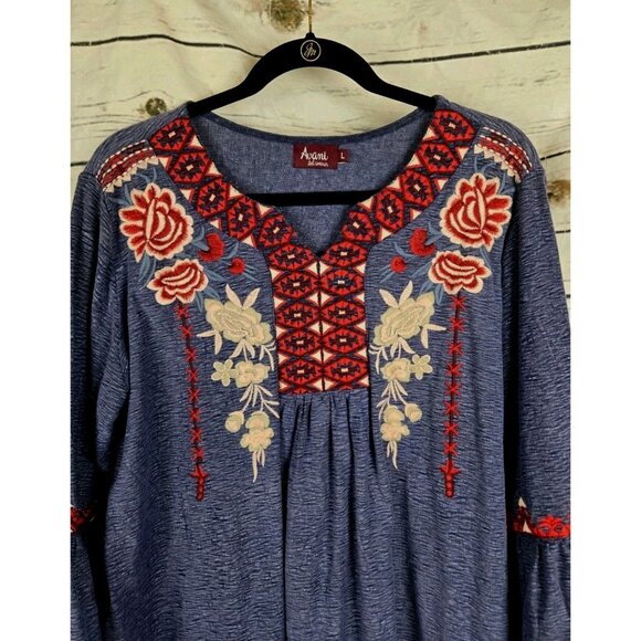 Avani Del Armour Embroidered Knit Top L Blue Slub 100% Cotton Bell Sleeve - Picture 2 of 6